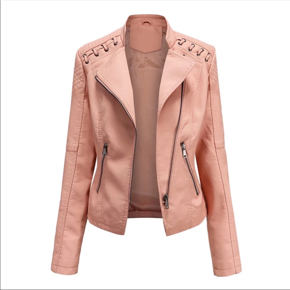 🎉New Fashion High Quality PU Leather Loose Turn-down Collar Zipper Motto…